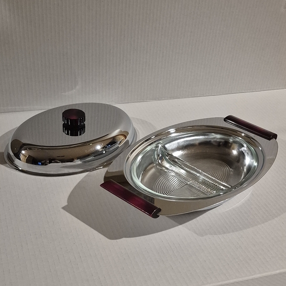 GOURMATES GLO-HILL Vintage Chrome Lidded Serving Dish with Glass Divided Insert - Picture 4 of 14